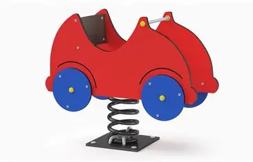 Rotes Kinderfahrzeug auf einer Feder, geeignet für Spielplätze.